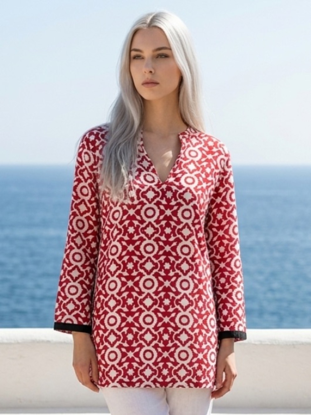 ROBERTA ROLLER RABBIT Tunic Blouse Shirt Top Red White Ikat Geometric